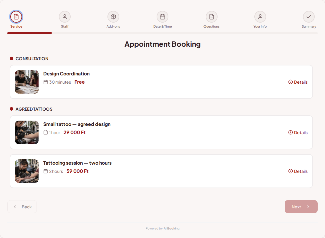 Appointment booking system for tattoo artists – Design Coordination, Small tattoo — agreed design, Tattooing session — two hours with prices, durations, and categories Appointment booking system for tattoo artists – Design Coordination, Small tattoo — agreed design, Tattooing session — two hours with prices, durations, and categories