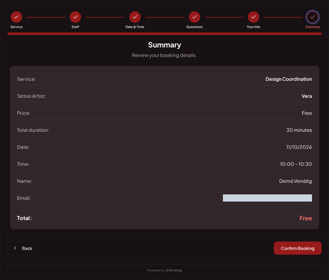 Appointment booking system for tattoo artists – Tattoo session booking summary with service, professional, date, and fee Appointment booking system for tattoo artists – Tattoo session booking summary with service, professional, date, and fee