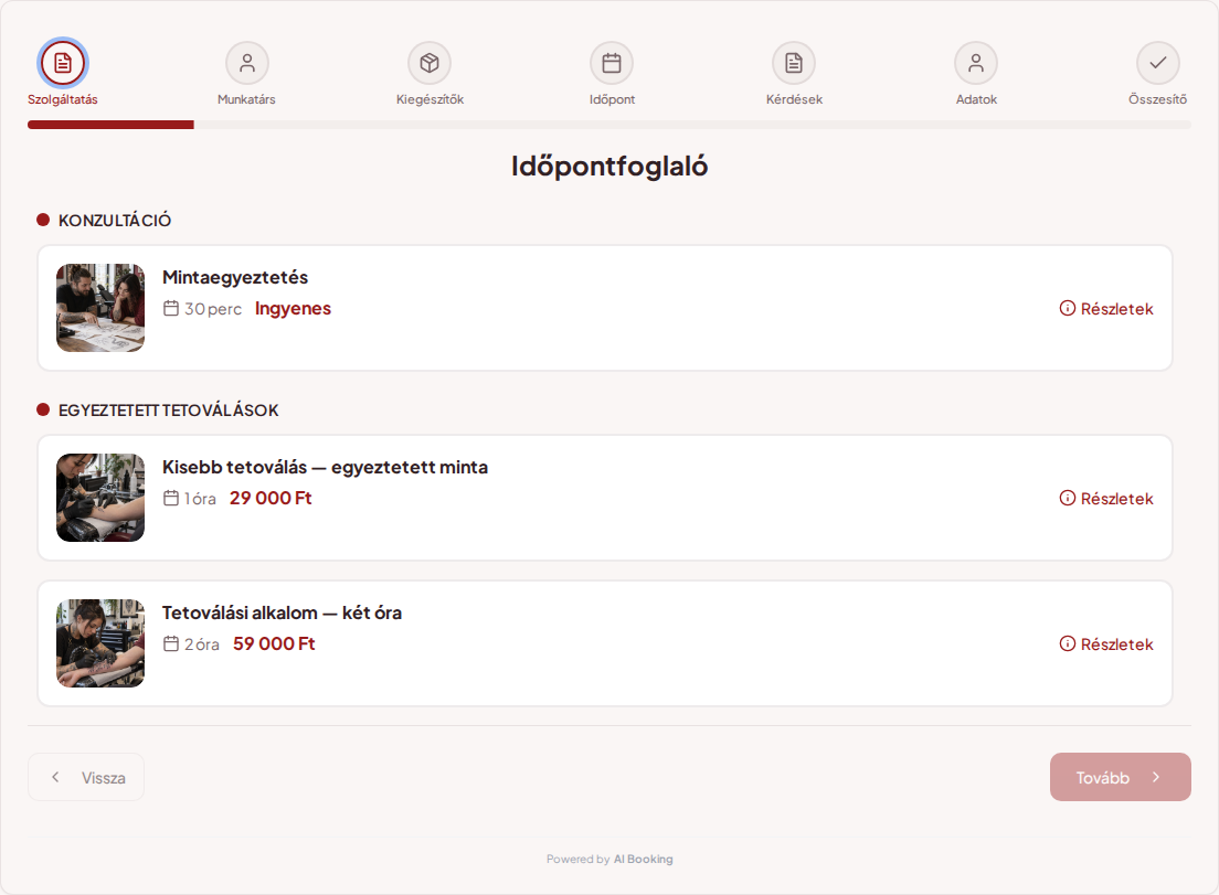 Időpontfoglaló rendszer tetoválóknak – Mintaegyeztetés, Kisebb tetoválás — egyeztetett minta, Tetoválási alkalom — két óra árakkal, időtartammal és kategóriákkal