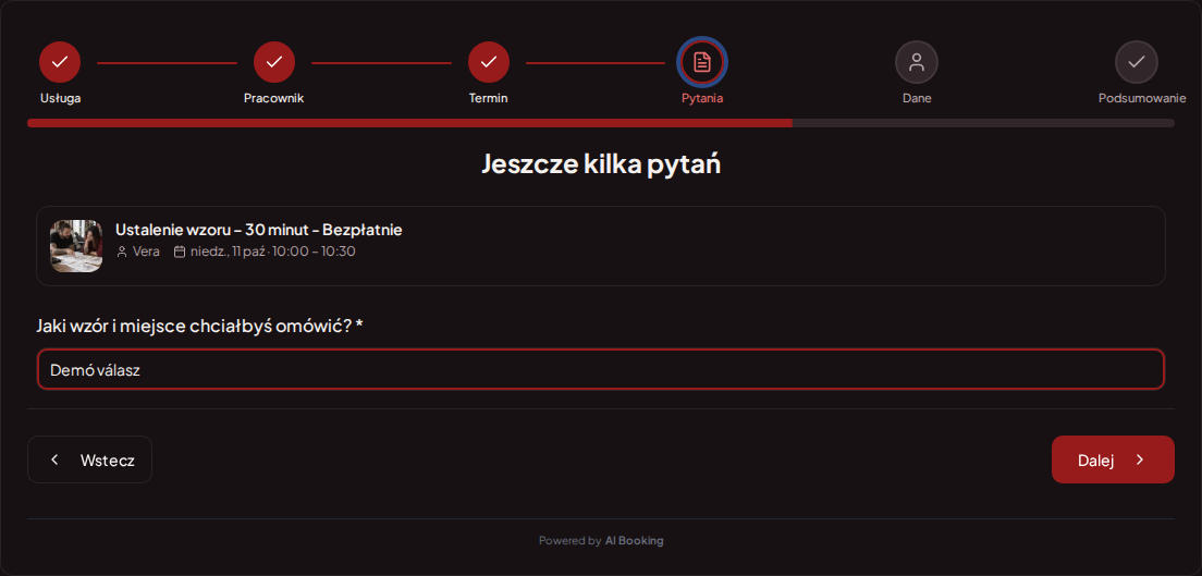 System rezerwacji dla tatuażystów – Pytanie wstępne przy rezerwacji tatuażu: Jaki wzór i miejsce chciałbyś omówić?