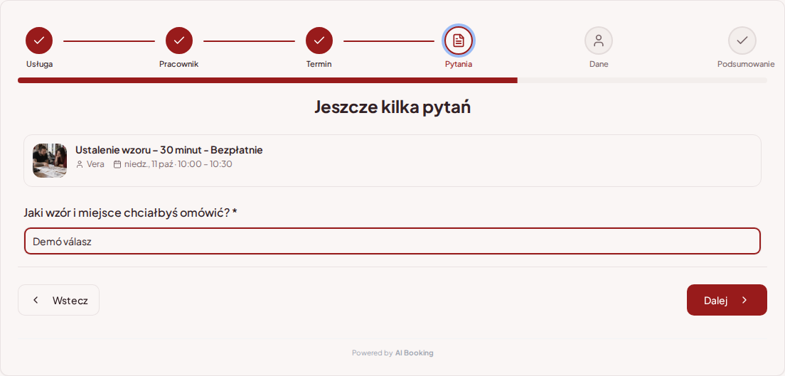 System rezerwacji dla tatuażystów – Pytanie wstępne przy rezerwacji tatuażu: Jaki wzór i miejsce chciałbyś omówić?