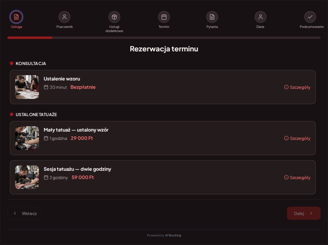System rezerwacji dla tatuażystów – Ustalenie wzoru, Mały tatuaż — ustalony wzór, Sesja tatuażu — dwie godziny z cenami, czasem trwania i kategoriami
