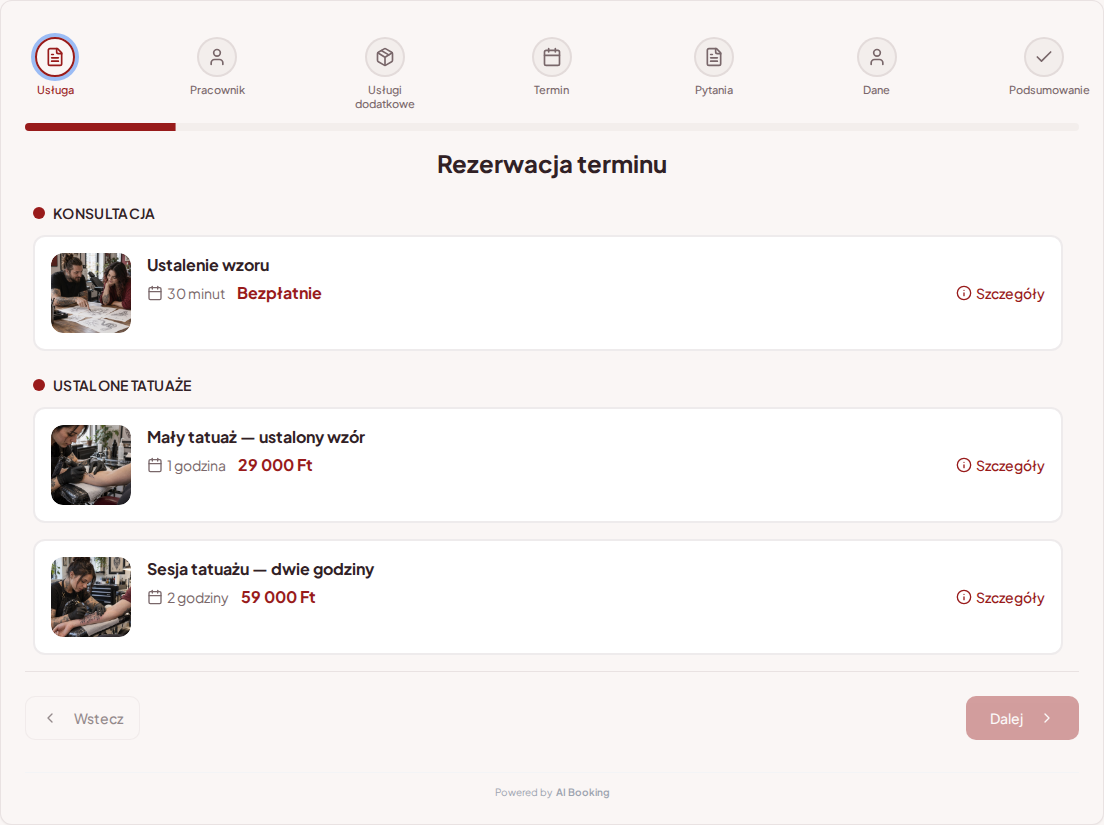 System rezerwacji dla tatuażystów – Ustalenie wzoru, Mały tatuaż — ustalony wzór, Sesja tatuażu — dwie godziny z cenami, czasem trwania i kategoriami