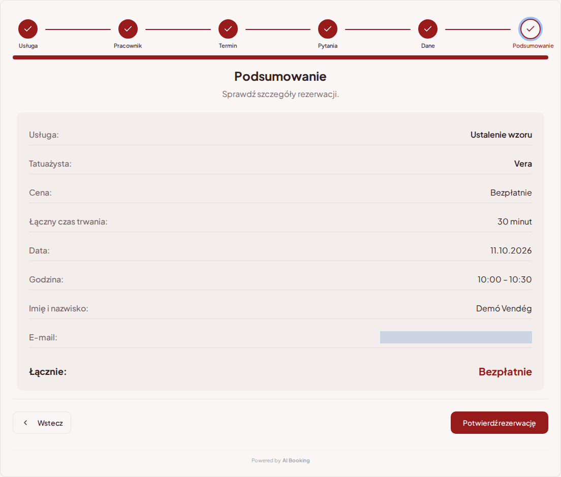 System rezerwacji dla tatuażystów – Podsumowanie rezerwacji sesji tatuażu z usługą, specjalistą, terminem i ceną
