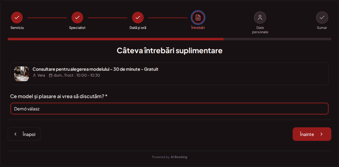 Sistem de programări pentru tatuatori – Întrebare de rezervare prealabilă pentru sesiune de tatuare: Ce model și amplasare ai vrea să discutăm? Sistem de programări pentru tatuatori – Întrebare de rezervare prealabilă pentru sesiune de tatuare: Ce model și amplasare ai vrea să discutăm?