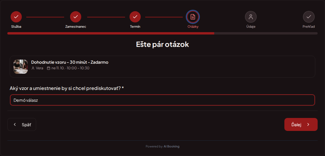 Systém na rezervácie pre tetovátorov – Predrezervačná otázka pre termín tetovania: Aký vzor a umiestnenie by si chcel/a prediskutovať?