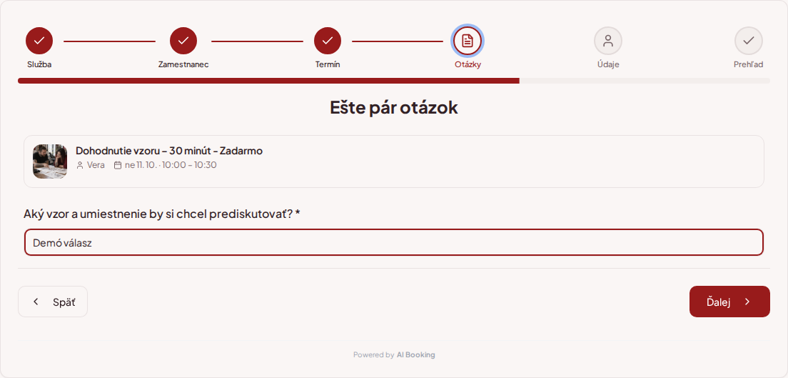 Systém na rezervácie pre tetovátorov – Predrezervačná otázka pre termín tetovania: Aký vzor a umiestnenie by si chcel/a prediskutovať?
