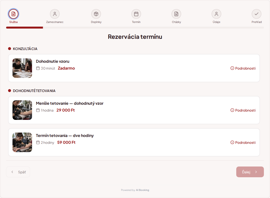 Systém na rezervácie pre tetovátorov – Dohodnutie vzoru, Menšie tetovanie — dohodnutý vzor, Termín tetovania — dve hodiny s cenami, dĺžkou a kategóriami