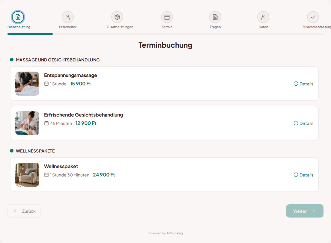 Terminbuchungssystem für Wellness- und Spa-Dienstleistungen – Entspannungsmassage, Erfrischende Gesichtsbehandlung, Wellnesspaket mit Preisen, Dauer und Kategorien