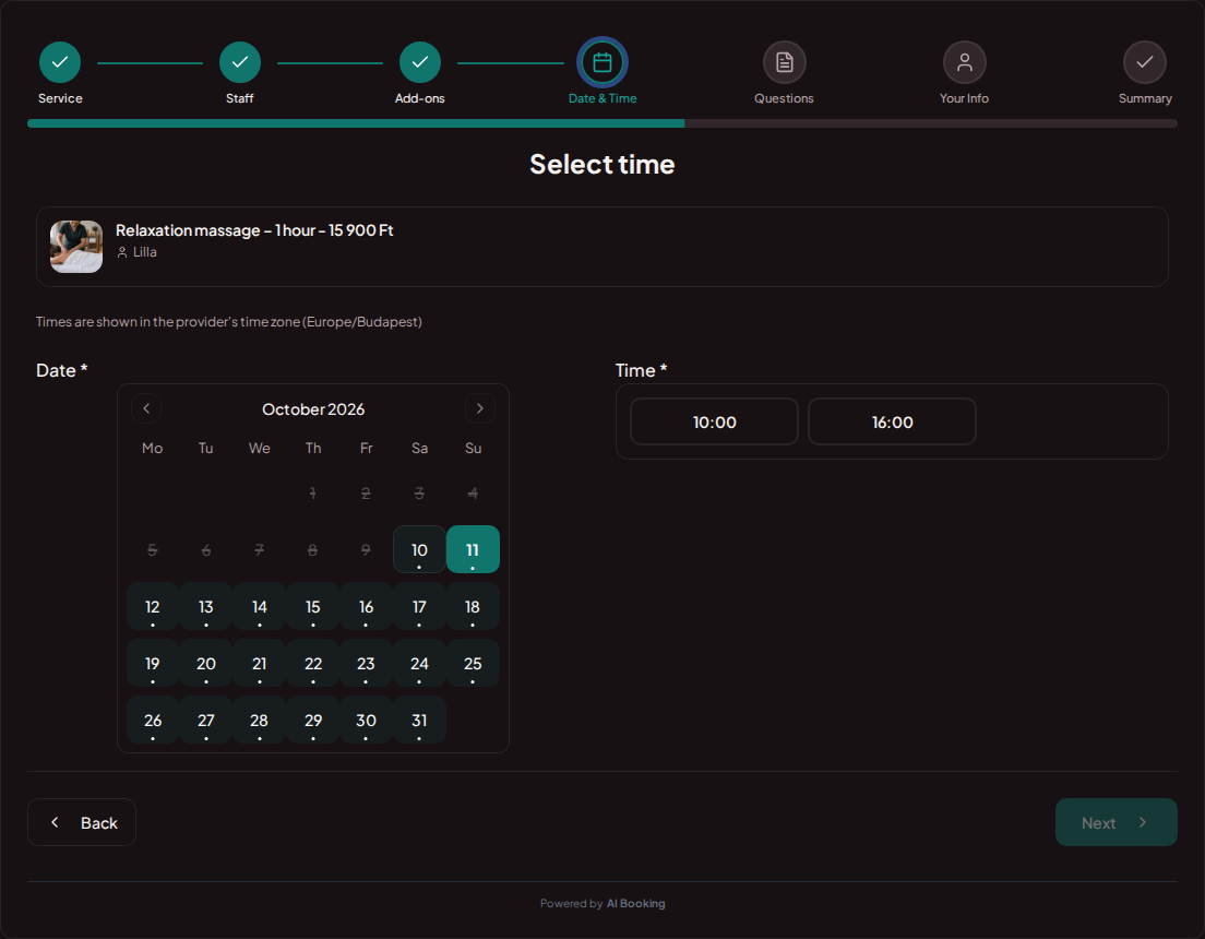 Appointment booking system for wellness and spa services – Wellness and spa treatments booking calendar with available slots for the selected service
