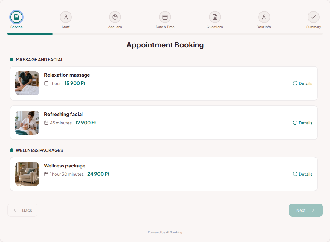 Appointment booking system for wellness and spa services – Relaxation massage, Refreshing facial, Wellness package with prices, durations, and categories