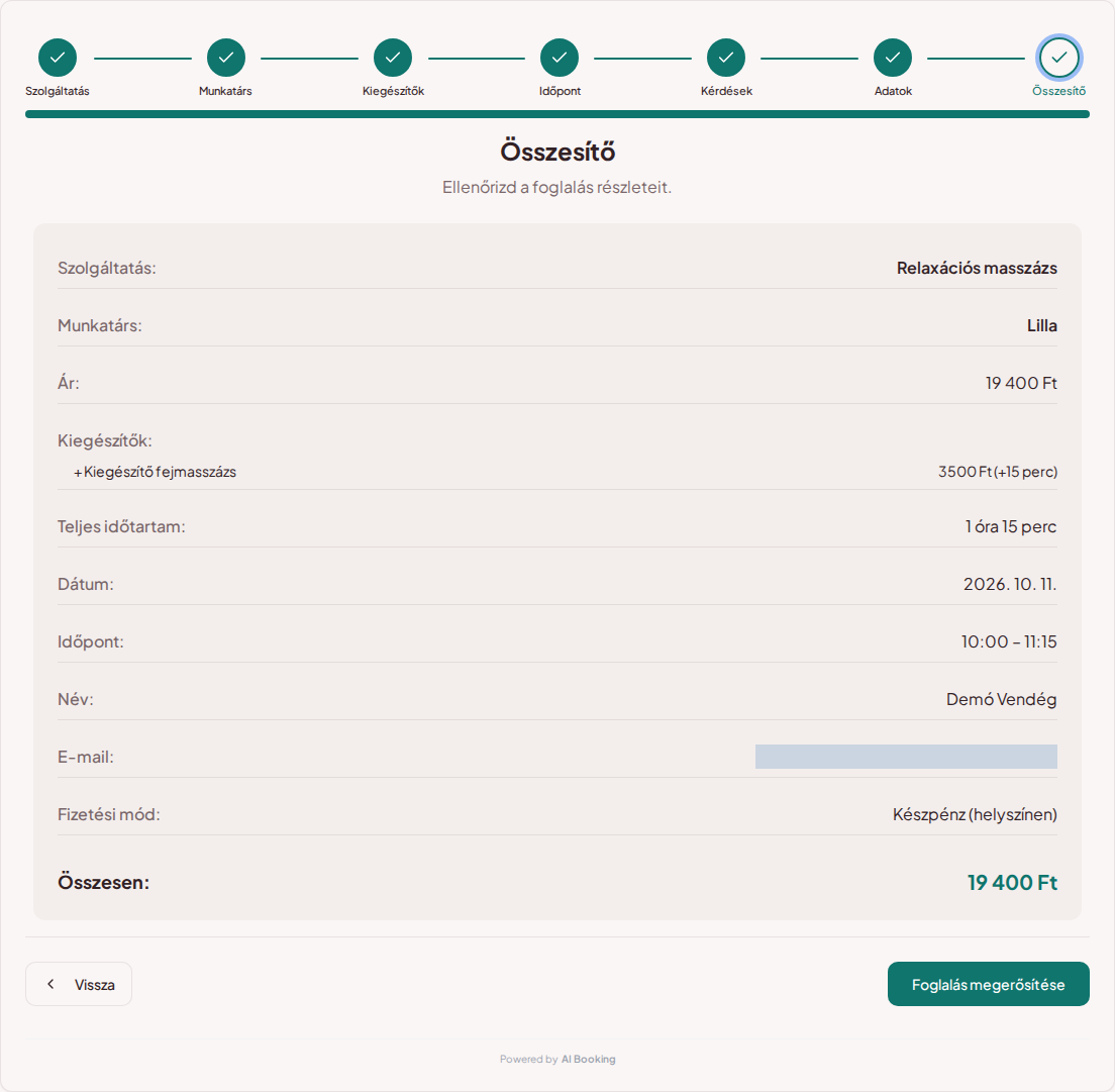 Időpontfoglaló rendszer wellness- és spakezelésekhez – Wellnesskezelés foglalási összesítője a szolgáltatással, szakemberrel, időponttal és díjjal