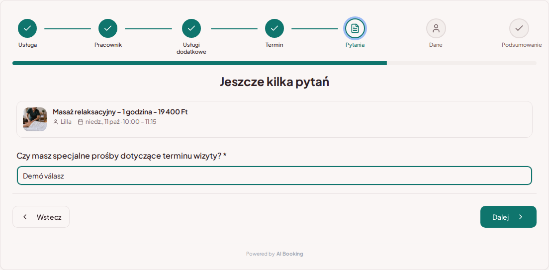 System rezerwacji terminów dla usług wellness i spa – Pytanie wstępne przy rezerwacji wellness: Czy masz specjalne prośby dotyczące terminu wizyty?