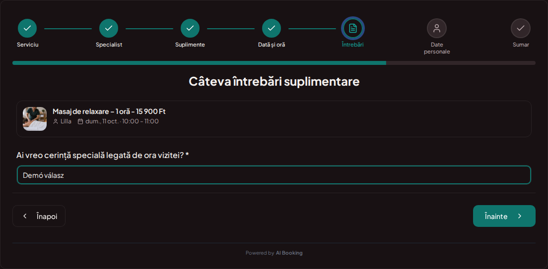 Sistem de programări pentru servicii de wellness și spa – Întrebare prealabilă la rezervarea tratamentului wellness: Ai vreo cerință specială legată de ora vizitei?