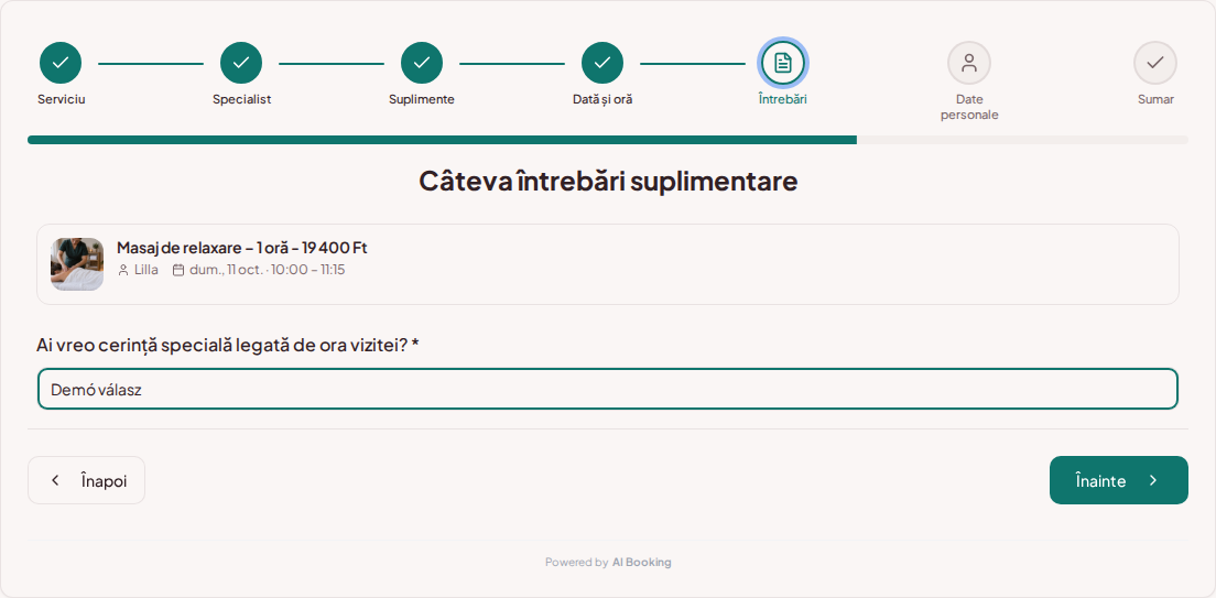 Sistem de programări pentru servicii de wellness și spa – Întrebare prealabilă la rezervarea tratamentului wellness: Ai vreo cerință specială legată de ora vizitei?
