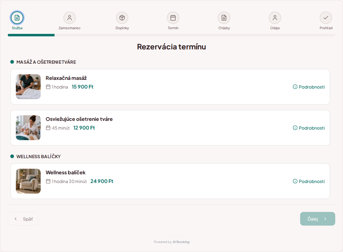 Systém na rezerváciu termínov pre wellness a spa služby – Relaxačná masáž, osviežujúce ošetrenie tváre, wellness balíček s cenami, dĺžkou a kategóriami