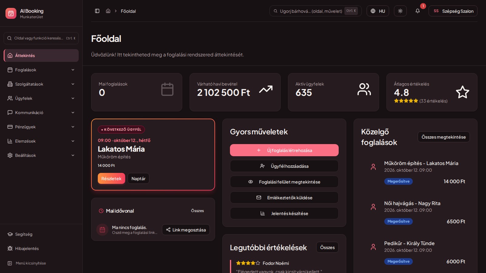 AI Booking szolgáltatói áttekintés — foglalások, ügyfelek és bevétel kezelése