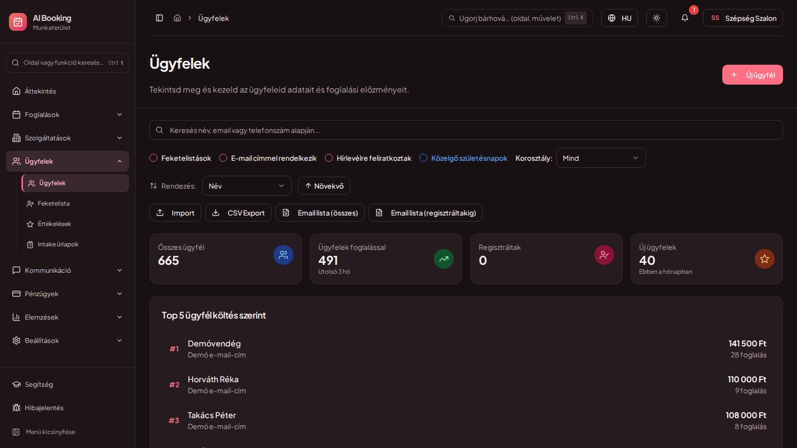 Vendég-CRM — emlékszik mindenre — az AI Booking online időpontfoglaló szolgáltatói felülete