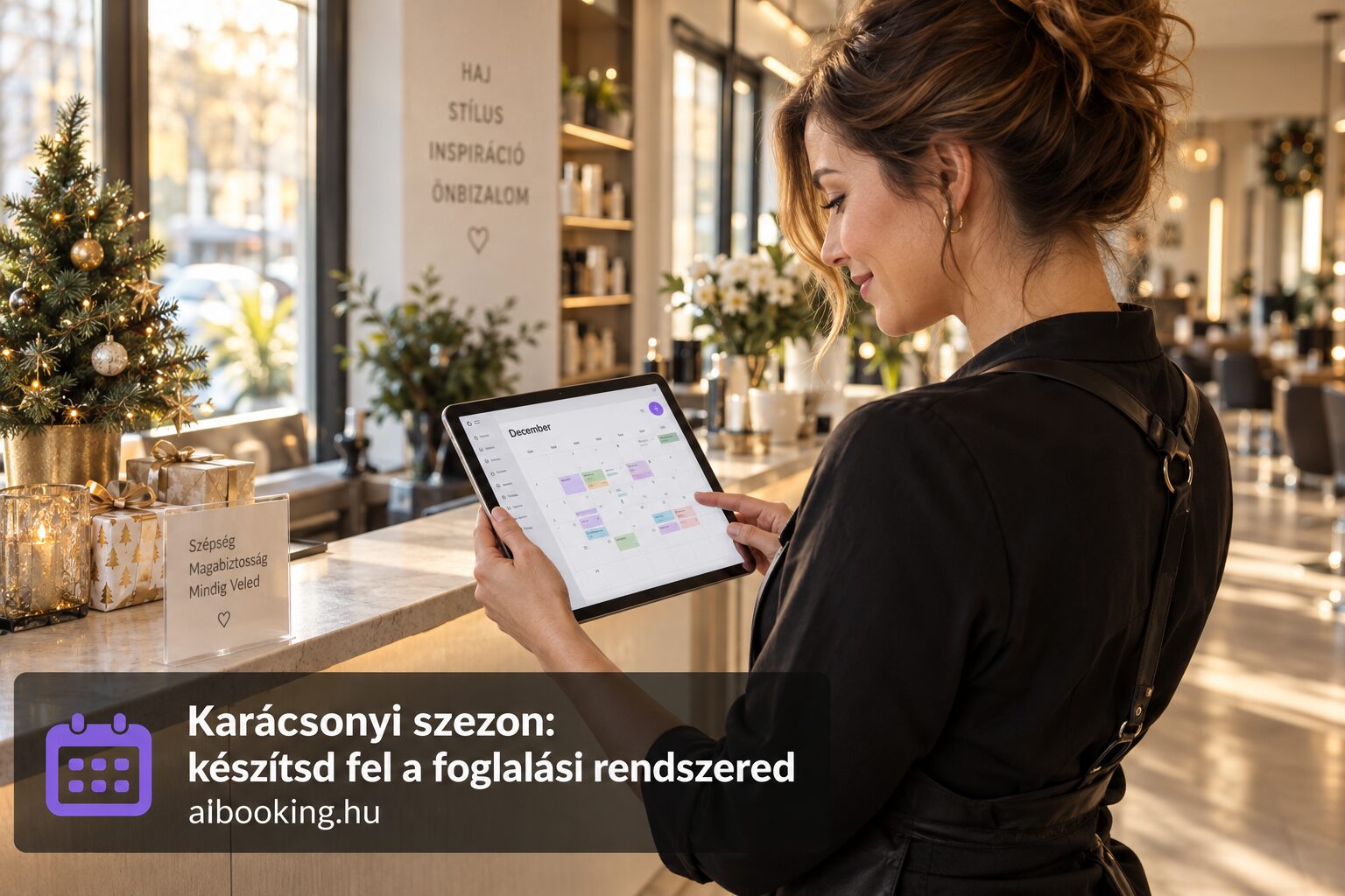 Fodrász a karácsonyi díszítésű szalon recepcióján tableten nézi a decemberi foglalási naptárat